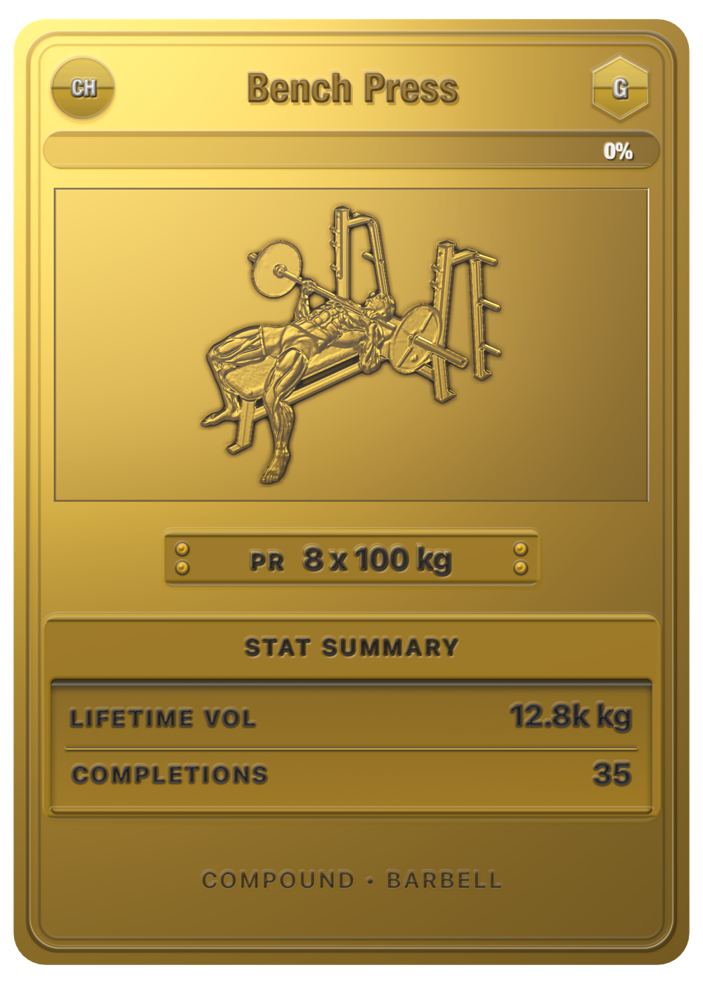 A gold STKD exercise card showing a bench press